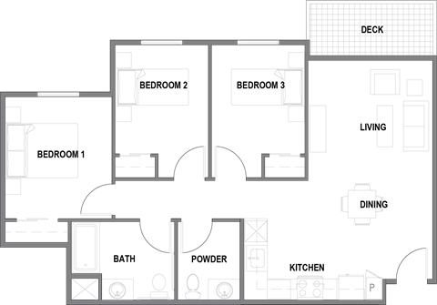 Floor plan for 3 beds, 1.5 baths, 990 sqft